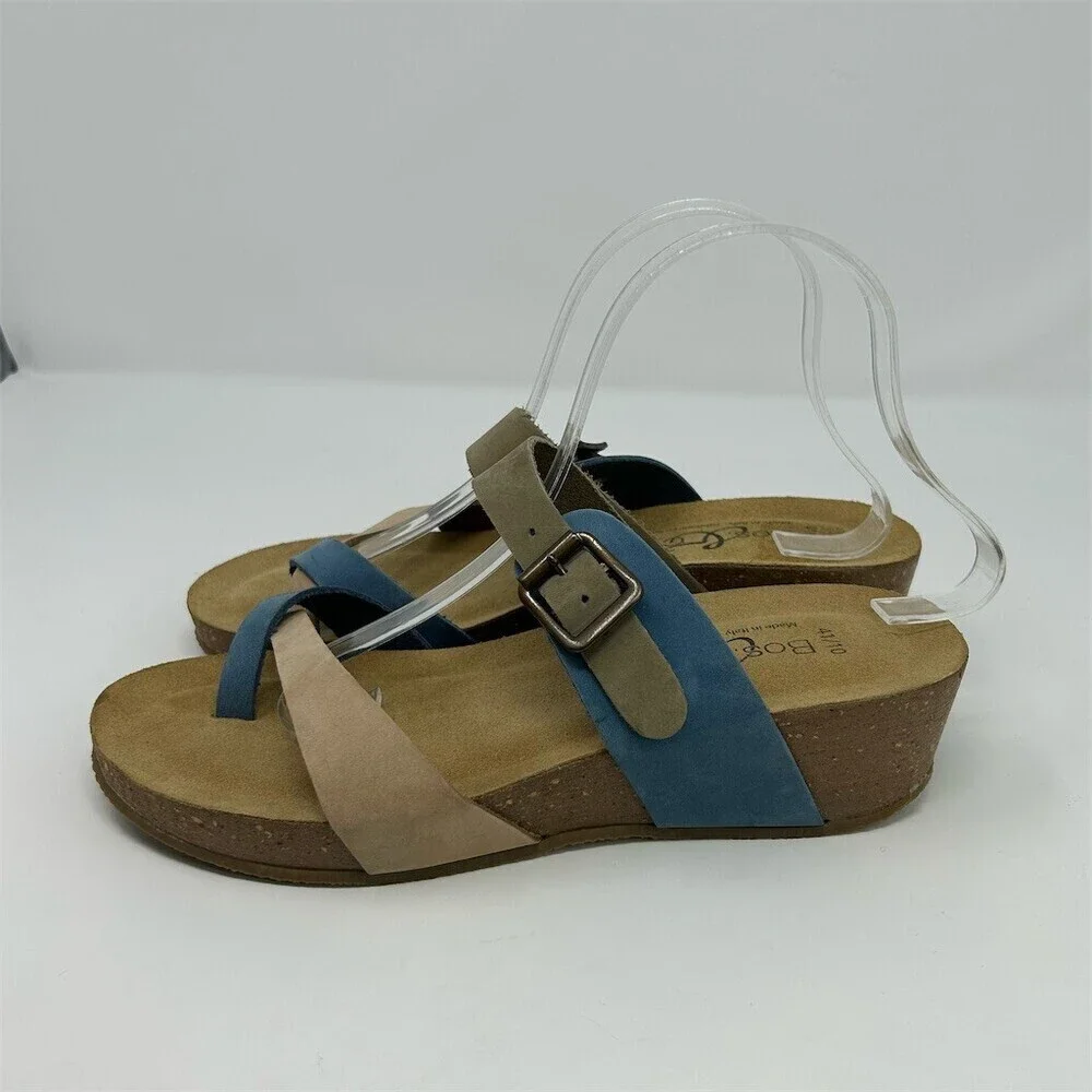 Bos & Co. Womens Blue Tan Slip On Wedge Thong Sandals Size 10 Made in Italy